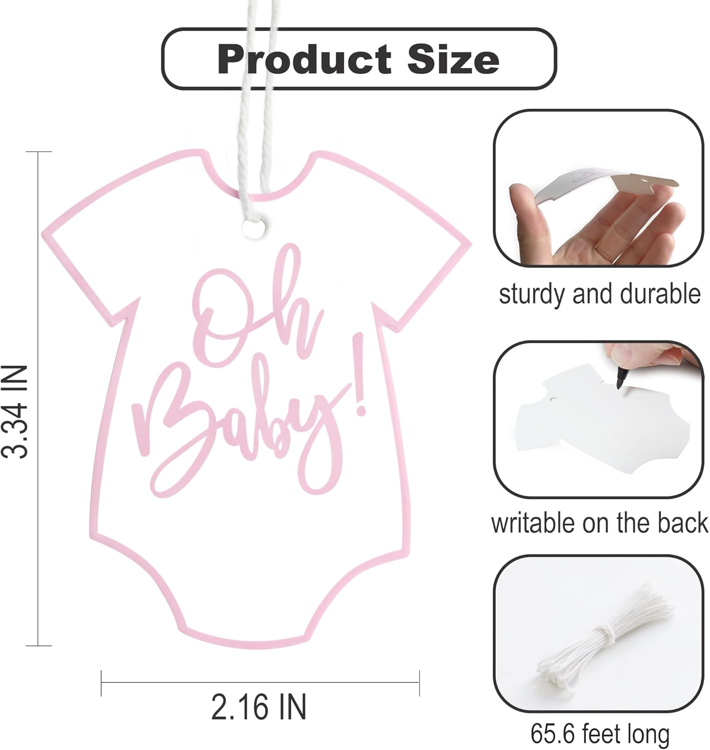 100Pcs Gift Tags with String Pink Baby Clothes Oh Baby Sign Large Gift Tags with 65 Ft Jute Twine Cute Tags White Paper Gift Tag for Gender Reveal It's a Girl Baby Shower Party Gift Wrap Tag