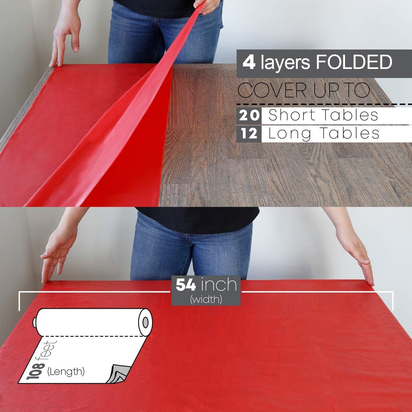 Neatiffy Disposable Plastic Table Cloth Roll | 54 in x 108 Ft Waterproof Tablecloth | Table Cover for Rectangle, Square, Round Oval Tables | Picnic, Party, Banquet, Birthdays, Weddings - Red