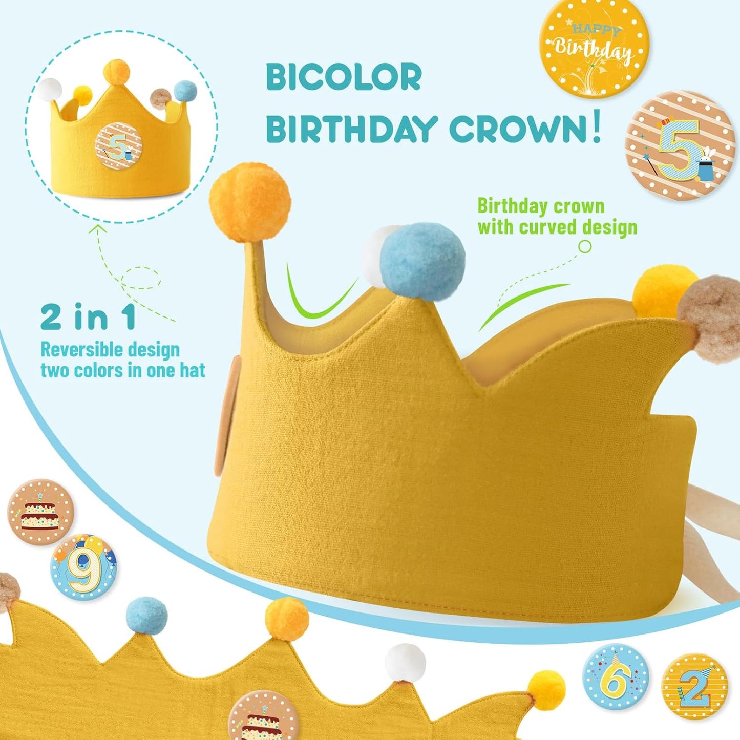 Reusable Birthday Crown with Numbers,Kids Birthday Hat Fabric Crown Pertain Kids Boy Toddler Girl Baby Bday Hats