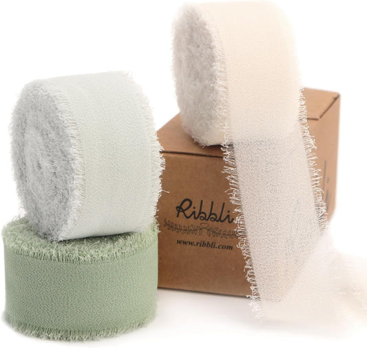 Ribbli Green Ribbon 1 Inch x 3 Rolls Total 24 Yards Ivory/Sage/Forest Green Handmade Fringe Chiffon Silk Ribbon for Wrapping Wedding Invitations Bridal Bouquets DIY Crafts Home Decor