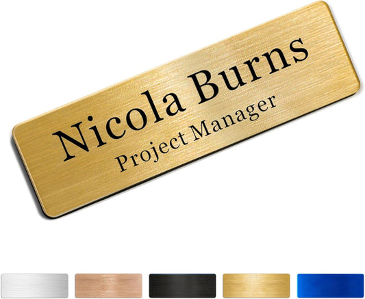 Magnetic Name Tags Personalized - Metal Engravable Name Badges with Pin or Strong Magnetic Backing for Teachers, Kids, Business, 1x3 Inch (Gold, Design 1)