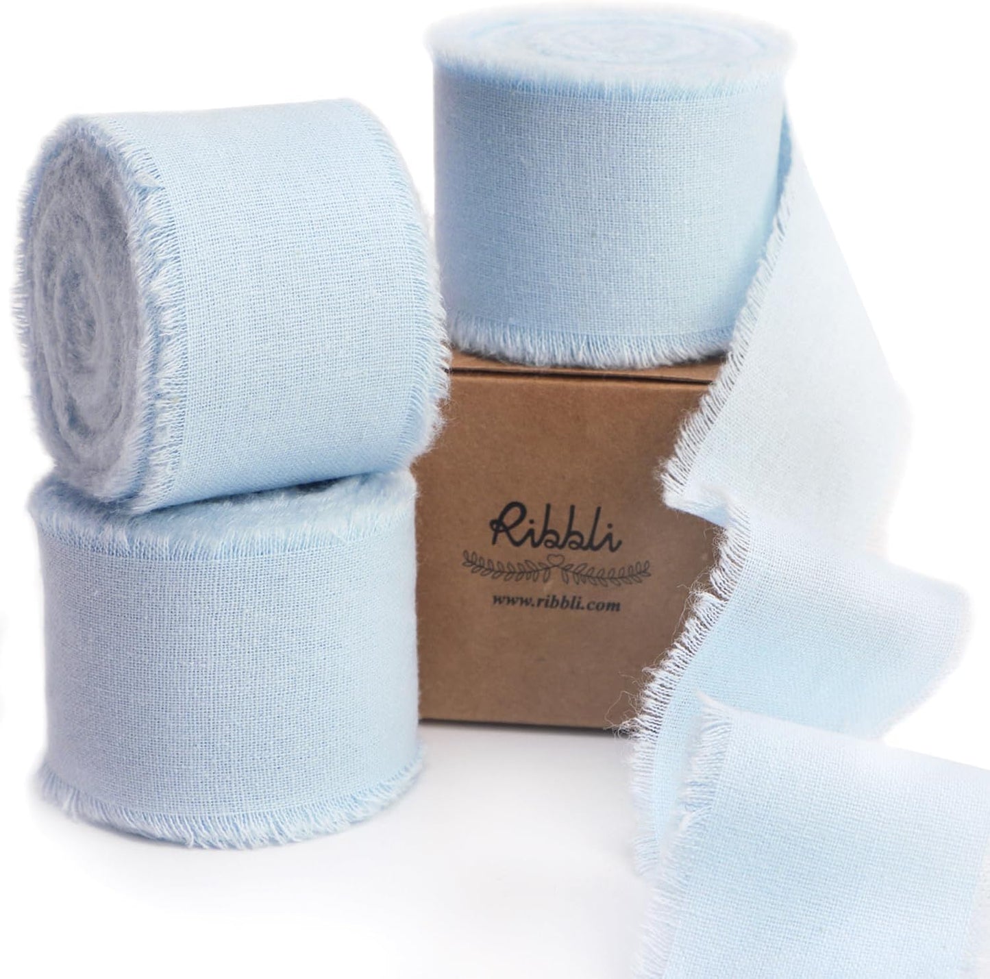 Ribbli 3 Rolls Light Blue Ribbon 1.5 Inch x 18Yards Handmade Cotton Frayed Fringe Ribbons for Gift Wrapping Wedding Invites Bridal Bouquets Baby Shower DIY Crafts Home Decor