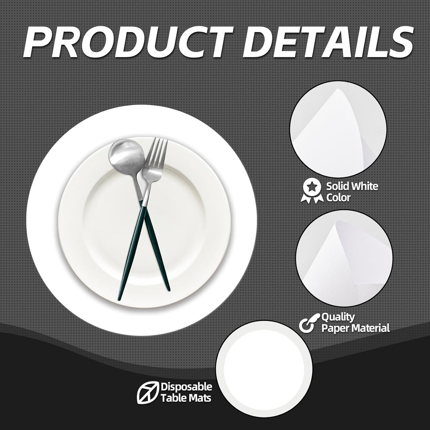 50 Pieces White Paper Place Mats White Round Disposable Table Mats Decorative Placemats for Wedding Bridal Shower Black Birthday Party Dining Decor