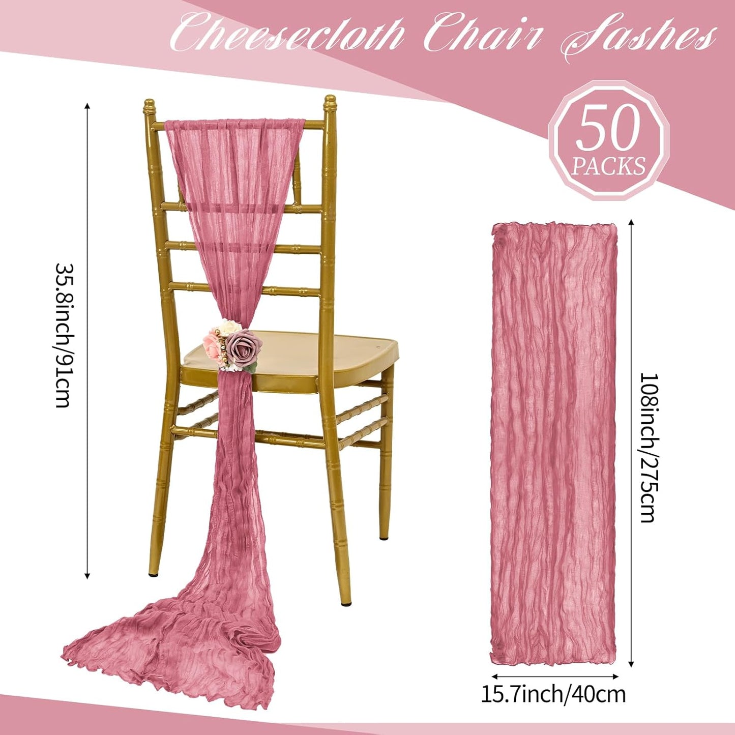 50 PCS Cheesecloth Chair Sashes, Bows Designed ChairSashes, 15.7x108 inch Chair Sashes for Aisle Decorations Universal Chairs Cover Decoration for Wedding Reception Party Banquet (Dusty Rose)
