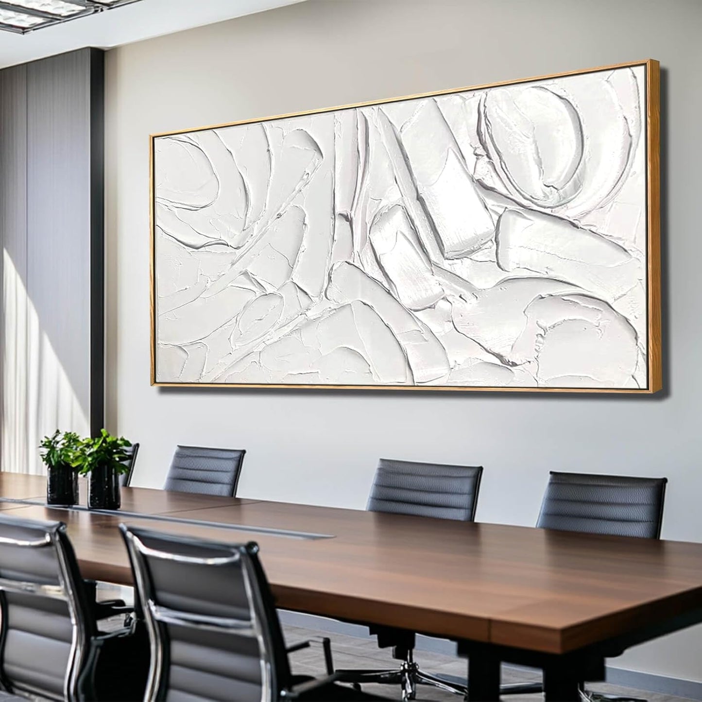 XIANSHOU White Artwork for Walls Contemporary Abstract Art Hand Painted 29"x58" Line Art Wall Decor Large Wall Art for Living Room Bedroom Hotel