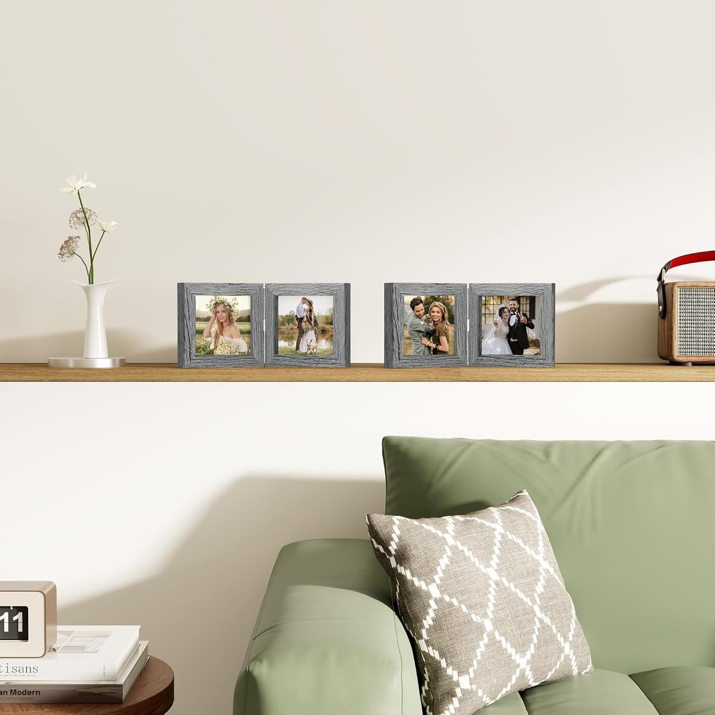 decorUhome Double 4x4 Picture Frame Vertical, Engineered Wood Bifold Photo Frame with Plexiglass for Tabletop Display, 4x4, Grey