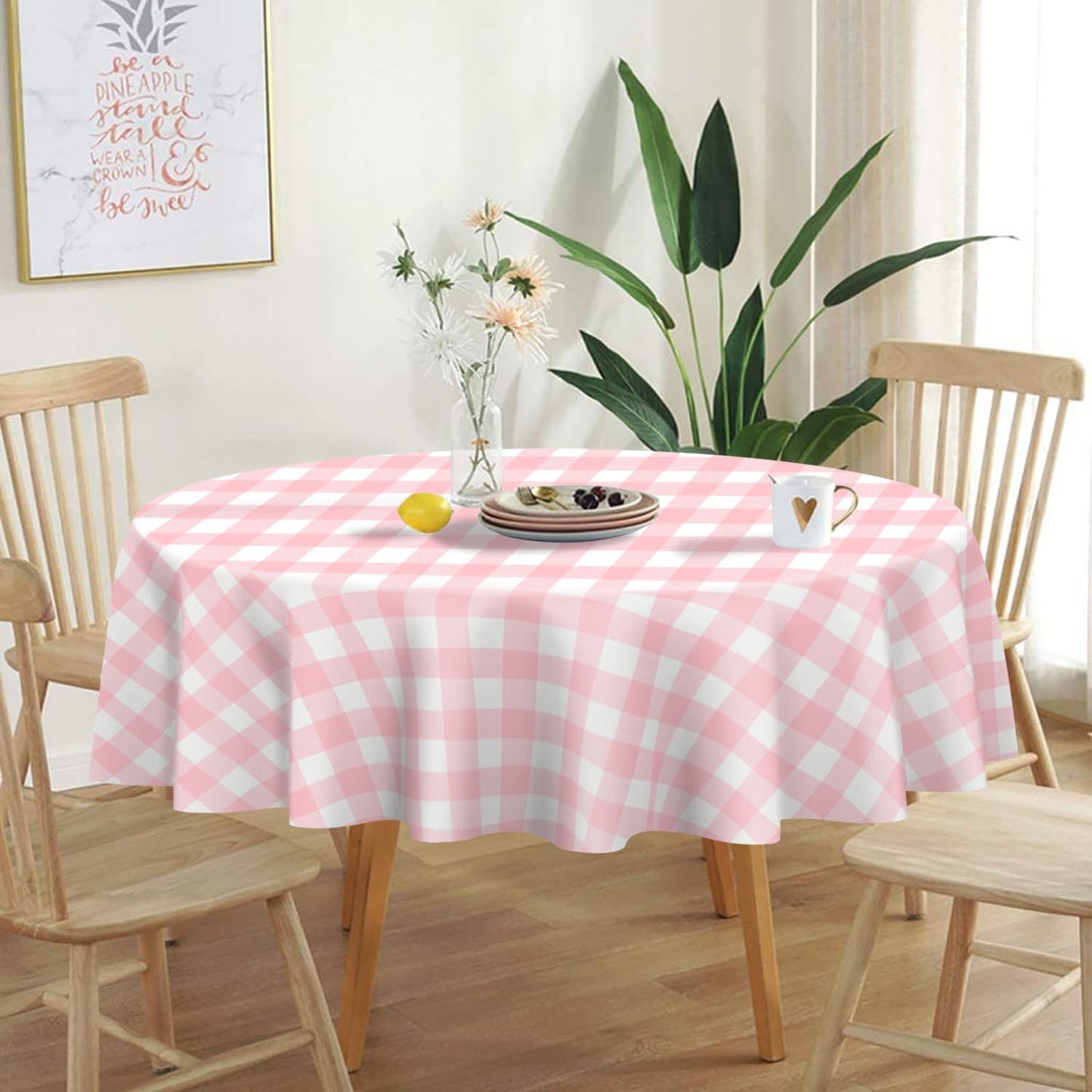 QIKSION Pink Gingham Round Tablecloth 6 Pack, 84 Inch Plastic Checkered Table Cover Disposable for Parties