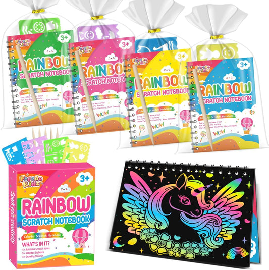 Party Favors for Kids: 4 Pack Rainbow Scratch Art Notebook Students Classroom Gifts Bulk for Girls Boys Goodie Bags Stuffers, Return Gifts for Birthday Party Favors Bulk Kids Crafts