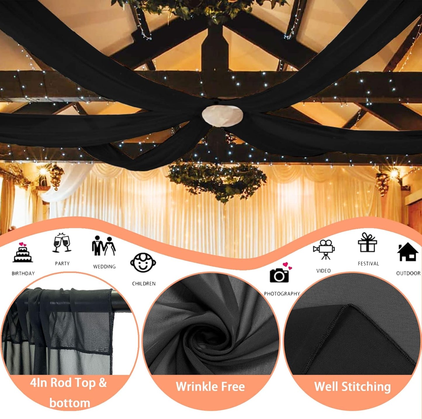 FUHSY Wedding Ceiling Drapes Black Ceiling Drapes for Weddings 5FTx30FT 2 Panels Wedding Arch Drapery Ceiling Fabric Draping Fabric Sheer Voile Curtain Arch Drapes for Ceremony Outdoor Indoor