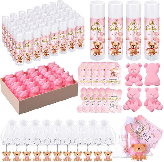 288 Baby Shower Favors Baby Shower Gifts Bulk Lip Balms Soaps Keychains Organza Bags Guest Appreciation Gift with Thank You Tags and Cards for Boys Girls Guest Gift(Pink,Bear)