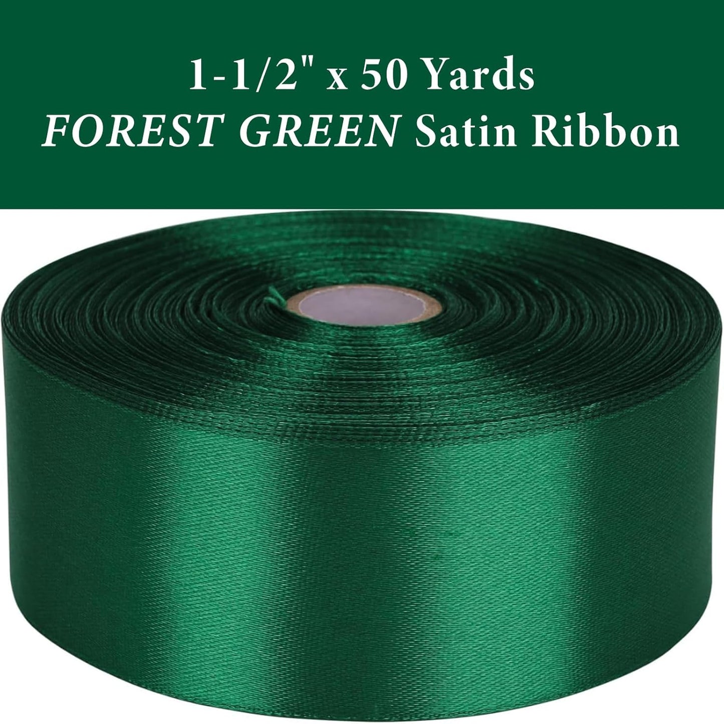 1-1/2 Inch Forest Green Satin Ribbon 50 Yards Solid Fabric Ribbons for Gift Wrapping, Crafts, Flower Bouquets, Wedding, Party, Holiday and Home Decor