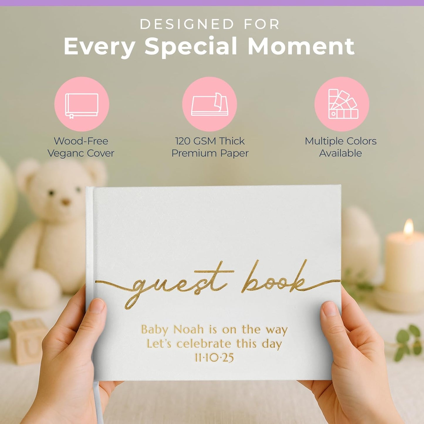 Promot Personalized Guestbook for Party (White) - 110 Lined Pages in Wood-Free Vegan Leather Hard Cover - Wedding Guest Book Sign in and Photos, Baby Shower, Birthday or Graduation