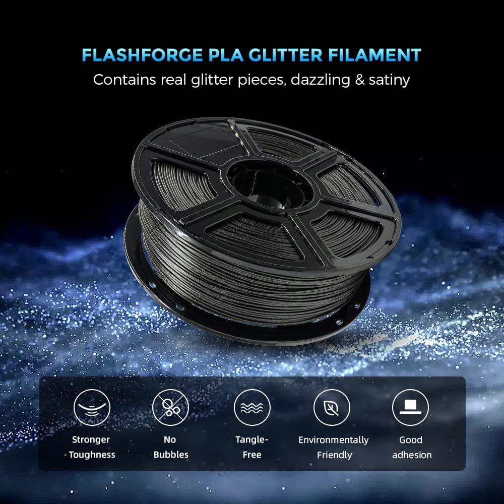 FLASHFORGE 3D Printer Filament, PLA Galaxy Filament 1.75mm, 1KG Spool (2.2lbs), Dimensional Accuracy +/- 0.02mm for FDM 3D Printers, Better Tenacity & No Knotting (Black)