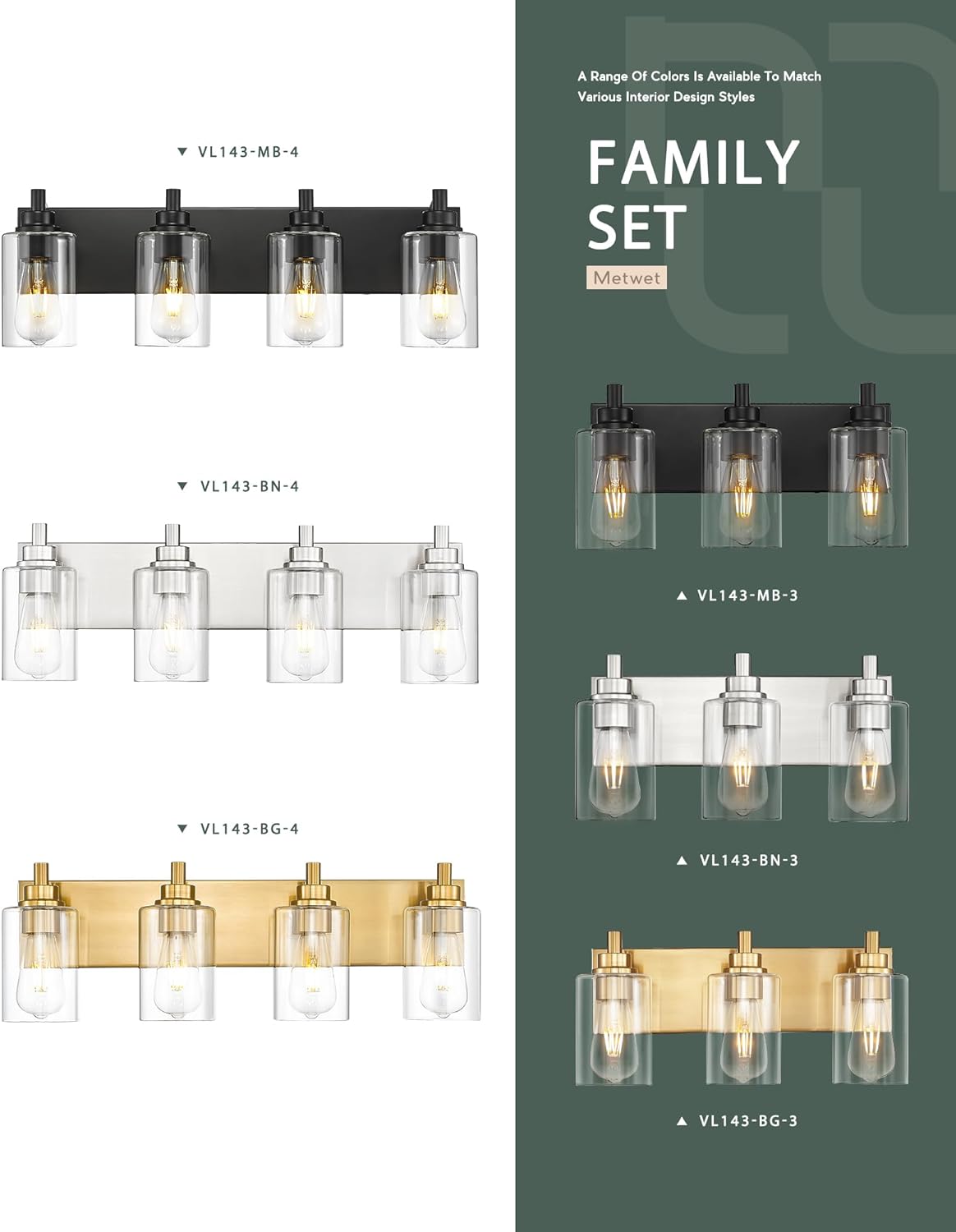 4-Light Bathroom Light Fixtures, Brushed Nickel Vanity Light with Cylinder Clear Glass Shade, Modern Vanity Lighting Fixtures Over Mirror, VL143-BN-4