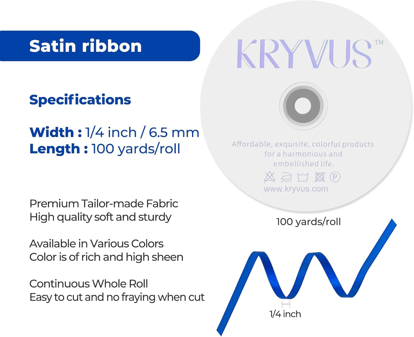 Dark Royal Blue Satin Ribbon 1/4 inch X Continuous 100 Yards, Single Face Polyester Ribbon Perfect for Gift Wrapping, Flower Bouquet, Wedding Decor, Crafts, Bow Making, Sewing and More