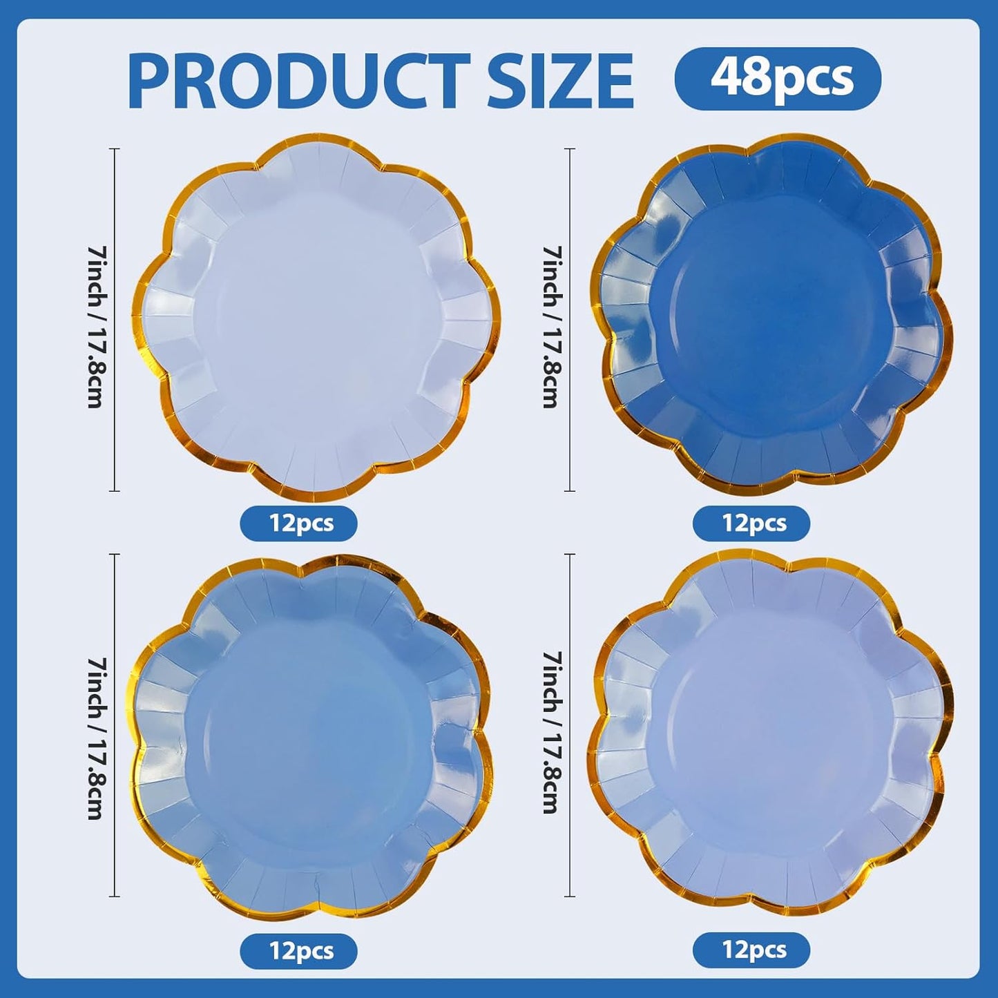 48Pcs Light Blue Scalloped Party Plates - 7inch Gold Foil Gradient Blue Dessert Paper Plate Disposable Cake Plates for Birthday Bridal Baby Shower Wedding Party Decorative Supplies