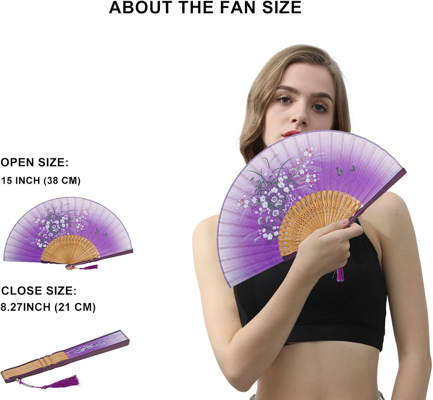 Amajiji 8.27"(21cm) Hand Held Bamboo Silk Folding Fan Hand Fan,Chinese/Japanese Charming Elegant Vintage Retro Style,Women Ladys Girls Best Gifts (Purple Grassflower)