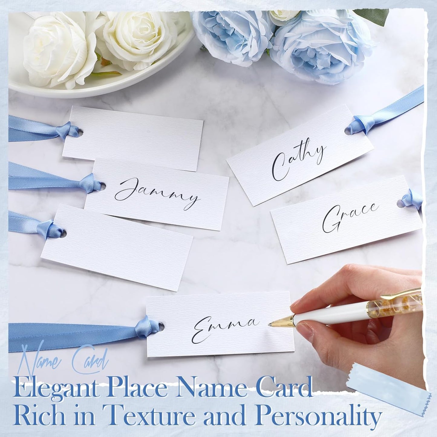 50 Pcs Name Place Cards for Table Setting Blank Wedding Place Cards with Satin Ribbon 1.57 x 3.54 Inch Hanging Gift Tags for Wedding Dinner Banquet Party Table Setting Supplies(Blue)
