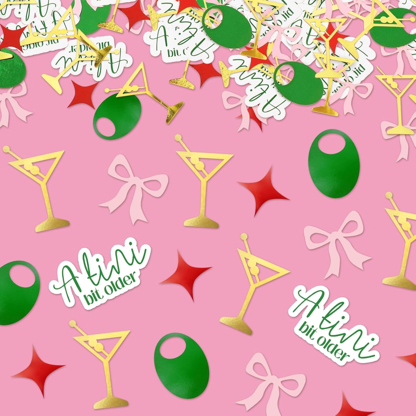 250Pcs A Tini Bit Older Party Decoration Martini Olive Bow Table Confetti 5 Designs Paper Scatter Sprinkle Confetti for Birthday Bach Party Cocktail Decor
