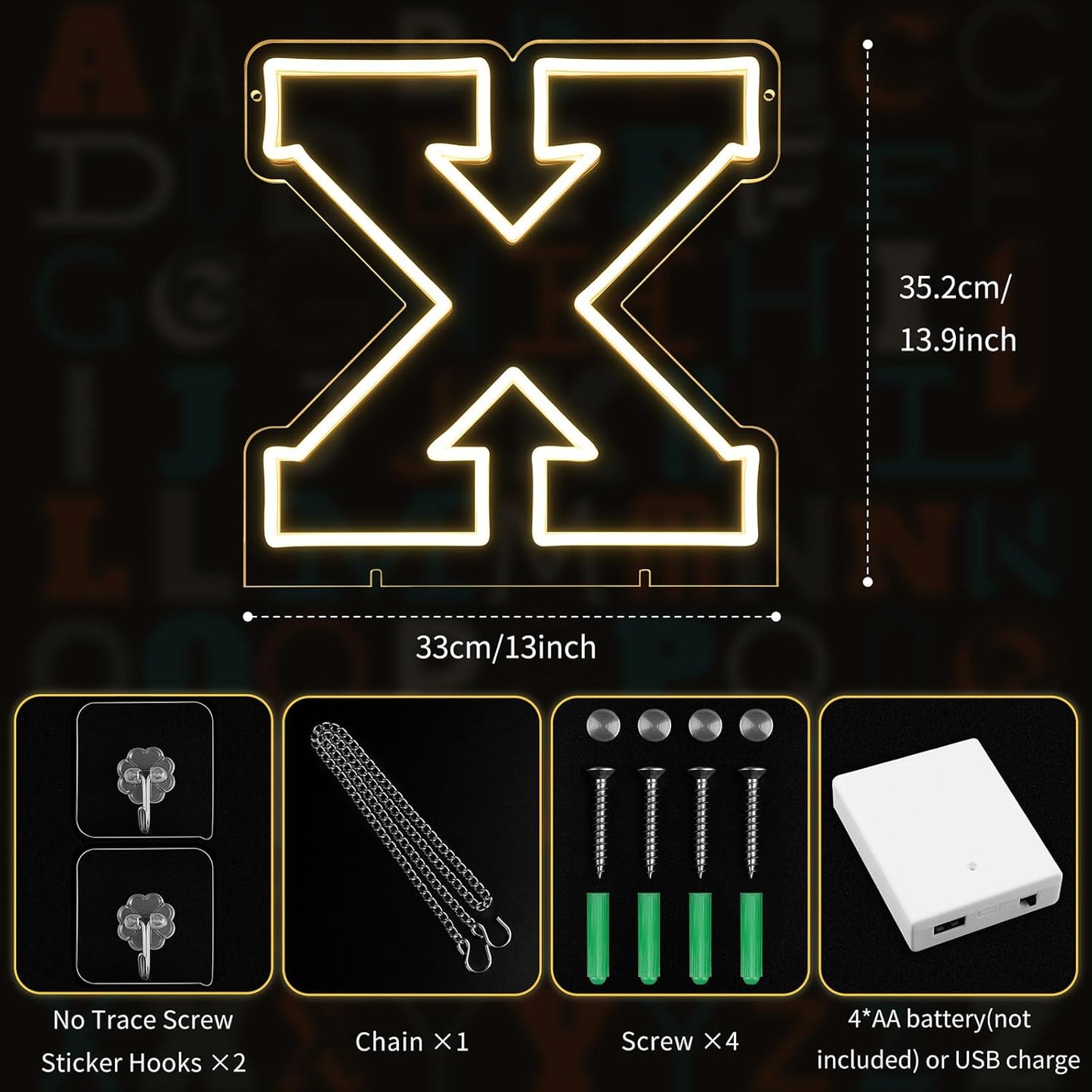 Light Up Letters X, Led Marquee Letter Lights Neon Sign, 13.9" Height Decorative Lighted Alphabet Number, Battery/USB Powered Led Letters Lights for Wedding, Birthday, Party, Christmas or Home Decor