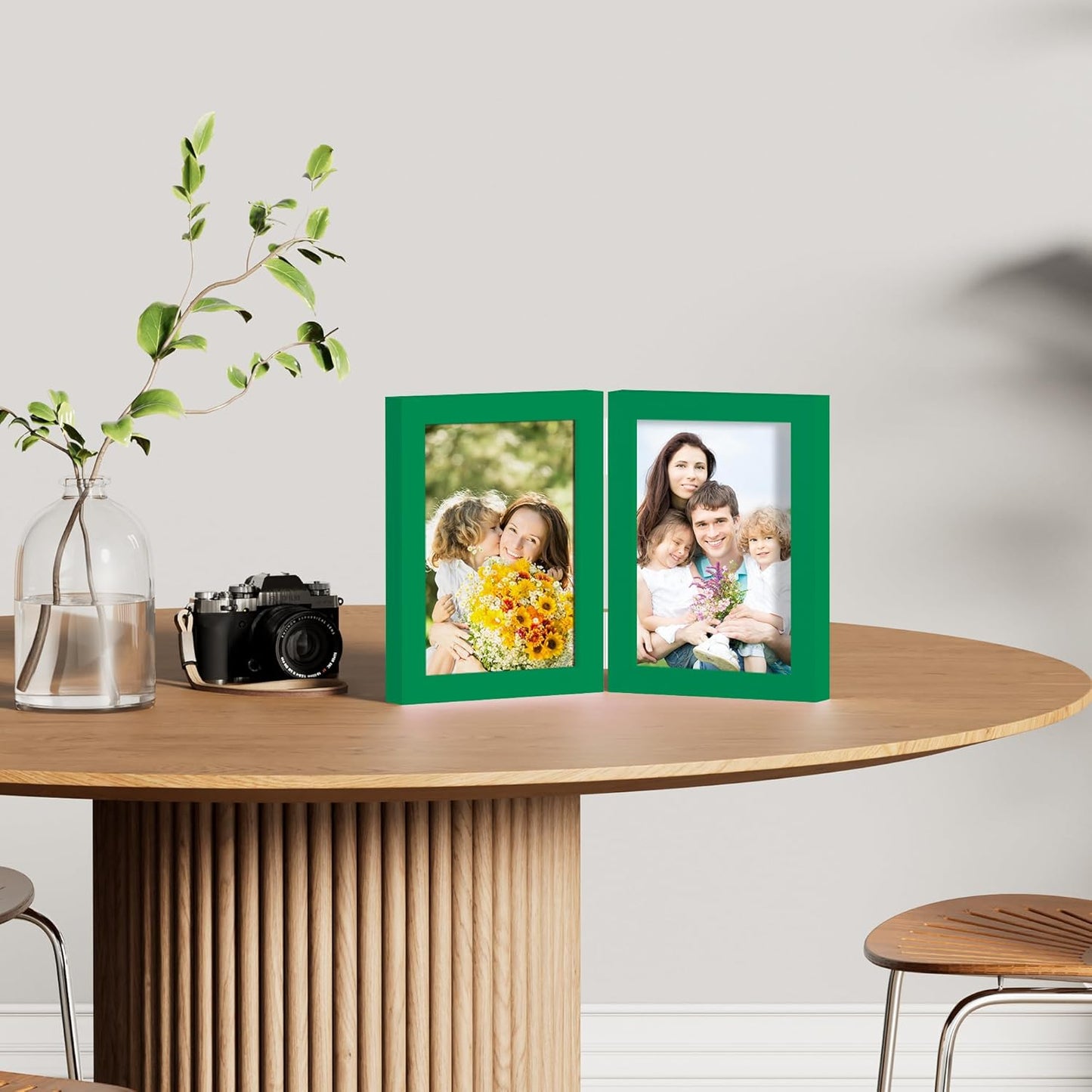 decorUhome Double 5x7 Picture Frame Vertical, Engineered Wood Bifold Photo Frame with Plexiglass for Tabletop Display, 5x7, Green