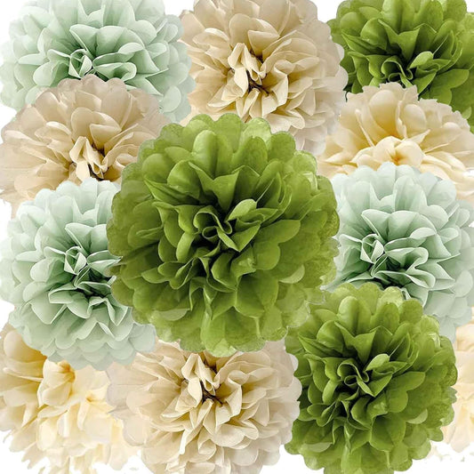 We Moment Olive Sage Green Cream Ivory Tan Tissue Paper Pom Poms Party Decorations for Neutral Baby Shower Boho Wedding Birthday Wild Safari Greenery Party Décor 12pcs 4 Colors