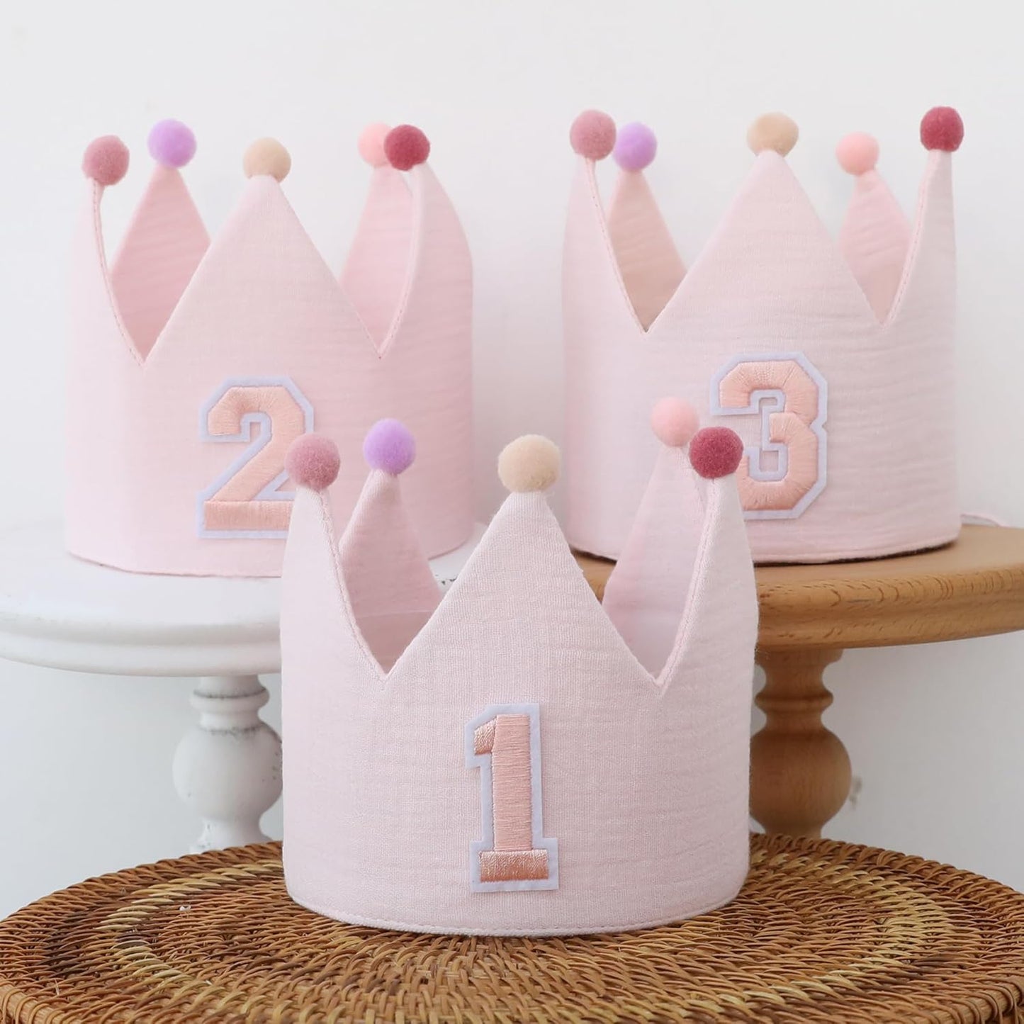 Muslin Crown Hat 1-3 Birthday For Baby Boy Girl Party Decoration Blue Pink Headband