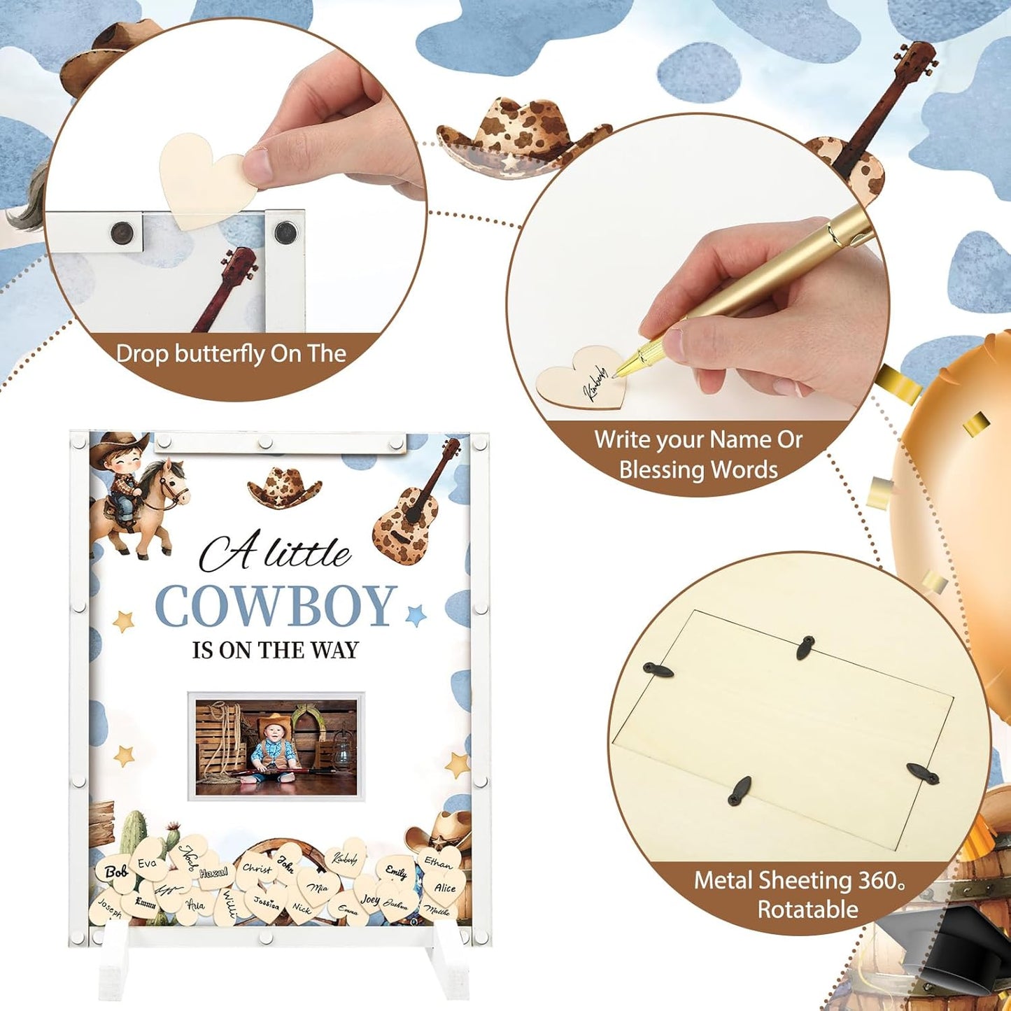 65 Pcs Cowboy Baby Shower Decorations Guest Book Alternatives a Little Cowboy is on The Way Decorations Western Baby Shower Party Supplies Sign in Guest Book with Picture Frame and 60 Wooden Chip