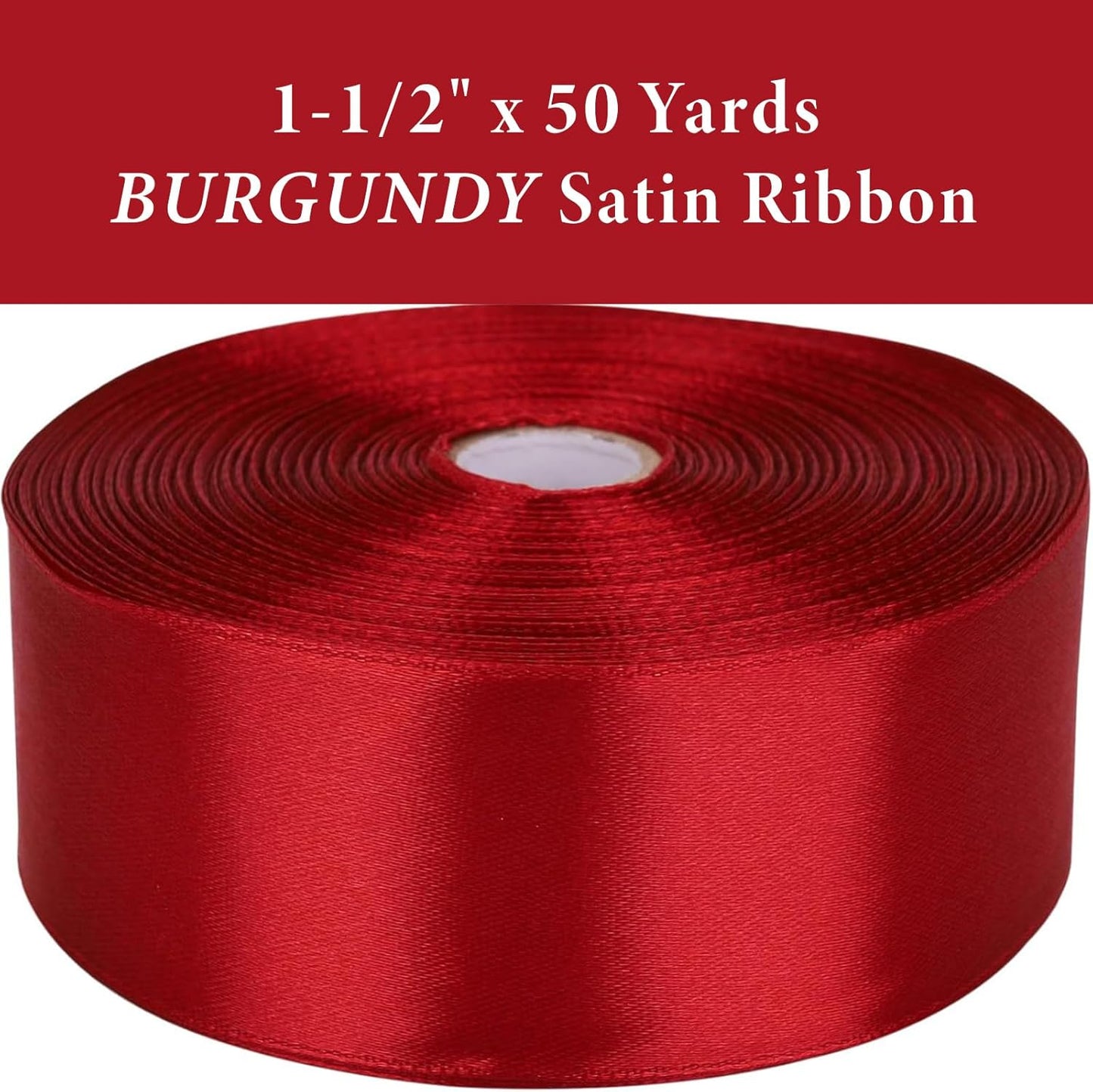 1-1/2 Inch Burgundy Satin Ribbon 50 Yards Solid Fabric Ribbons for Gift Wrapping, Crafts, Floral Arrangements, Wedding, Party, Holiday and Home Decor