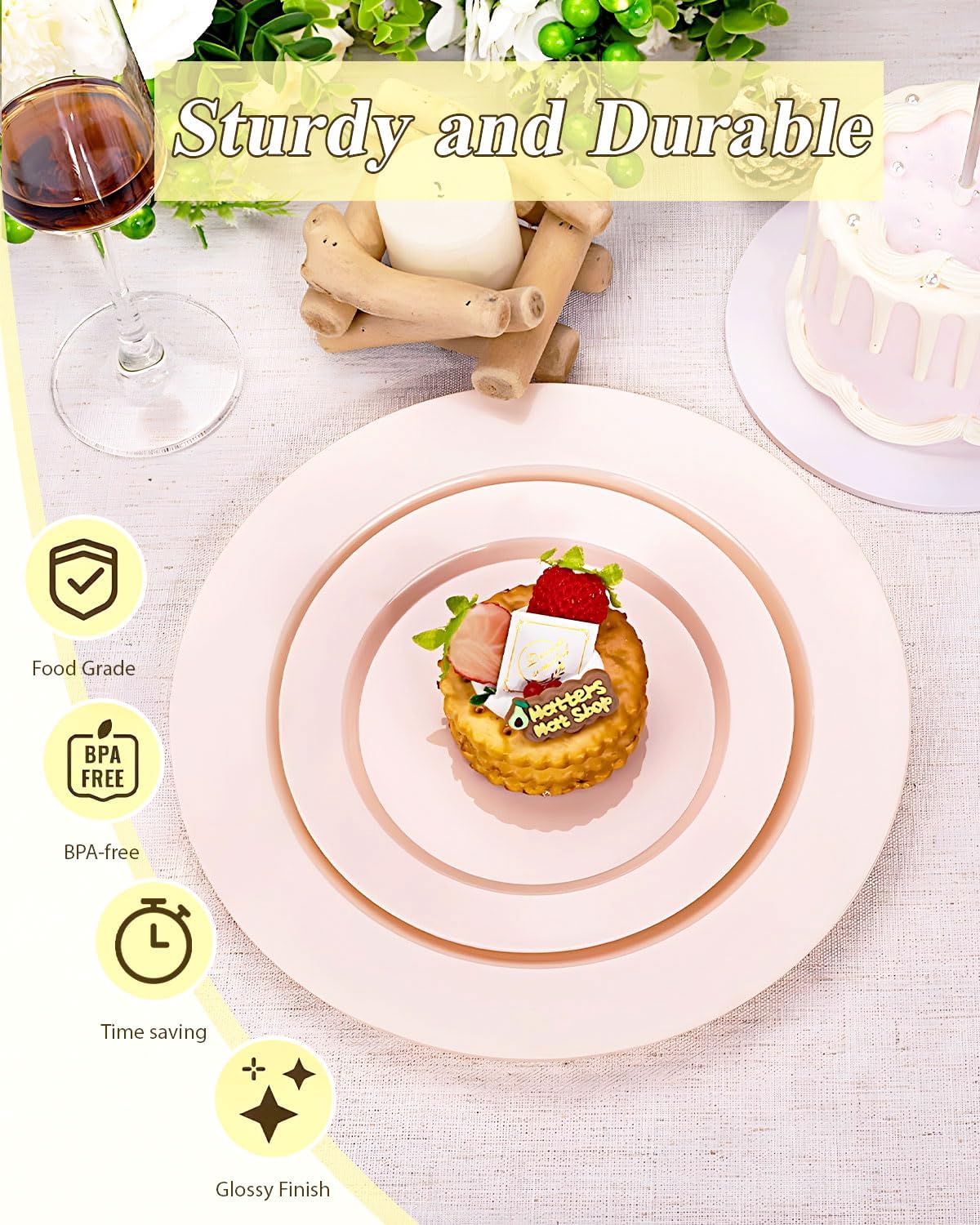 200PCS Pink Plastic Plates Set, 100 10.25 inch Dinner Plates and 100 7.5 inch Dessert Plates, Premium Disposable Plates for Party, Wedding