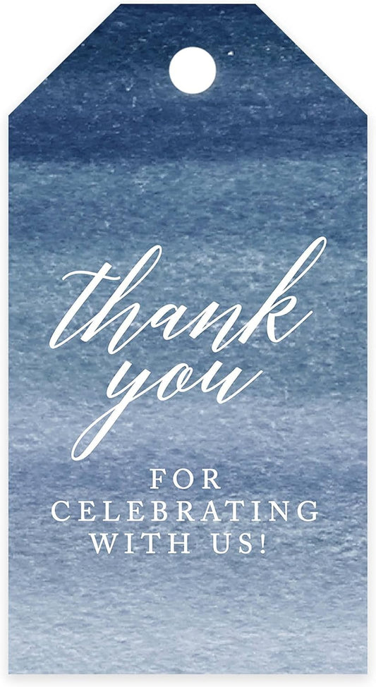 Andaz Press 100-Pack Thank You for Celebrating with Us Favor Tags Navy Blue Ombre Watercolor Cardstock Gift Tags with Bakers Twine for Wedding Baby Shower Bridal Shower Party Favors 2 x 3.75-Inches