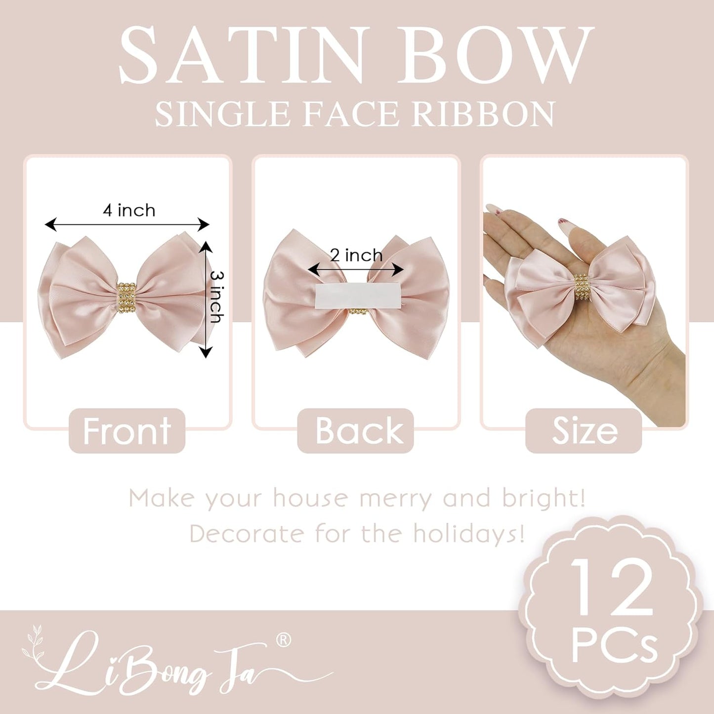 Pink Ribbon Bow 4'' Premade Satin Bows, Pink Gift Bows with Rhinestone, Rose Gold Bow for Presents, Greeting Cards, Treat Bags, Wine Bottle, Valentines Bows for Gift Wrapping-12 Counts