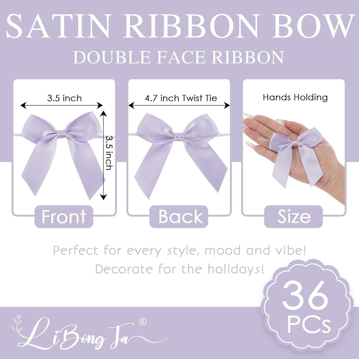 3.5" Lavender Bow Satin Pre-Tied Bows for Gift Wrapping, Small Bows for Crafts, Purple Bows, Candy Apple Bows, Twist Tie Bows for Cake Decorating, Party Favor, Wedding Decoration-36 Counts