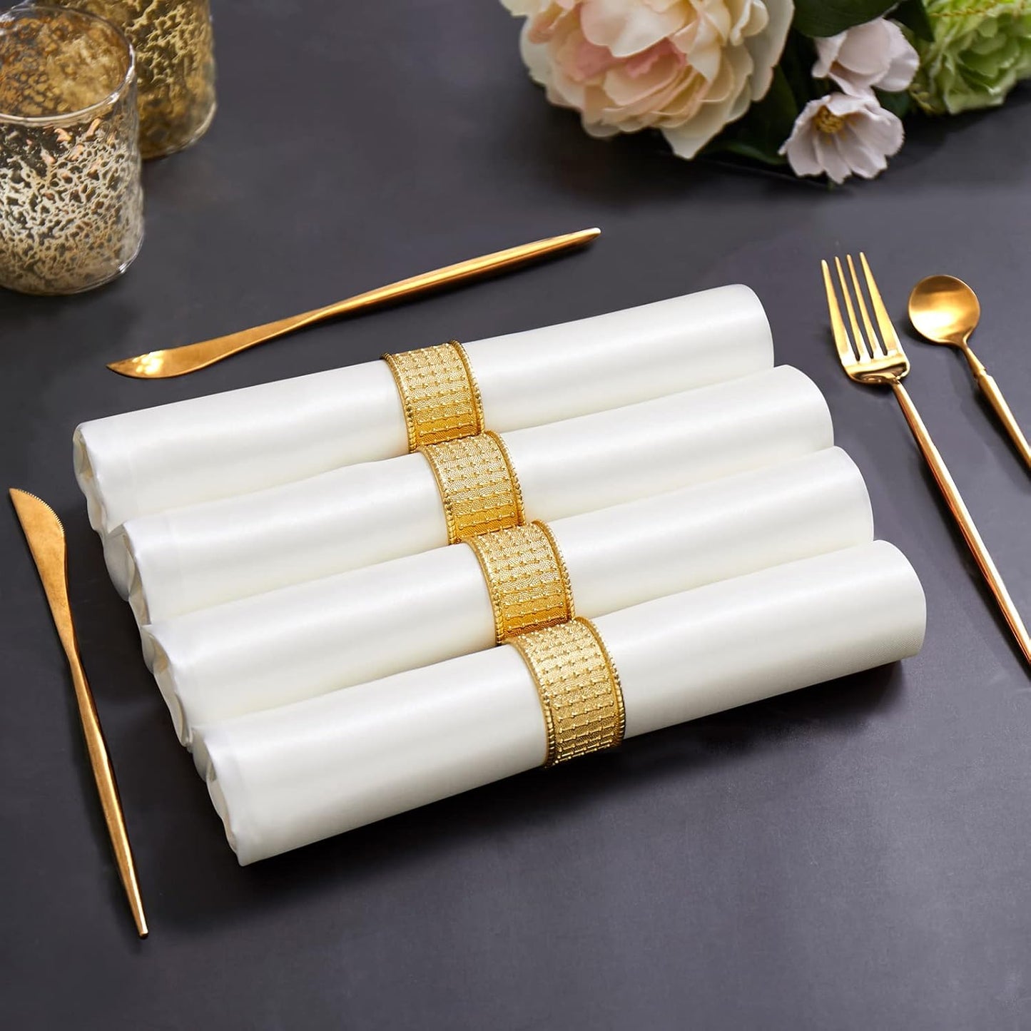 Horbaunal 16 Pack Ivory Satin Napkins 17 x 17 Inch, Square Silky Cloth Napkins, Soft Table Napkins for Weddings Banquets Parties