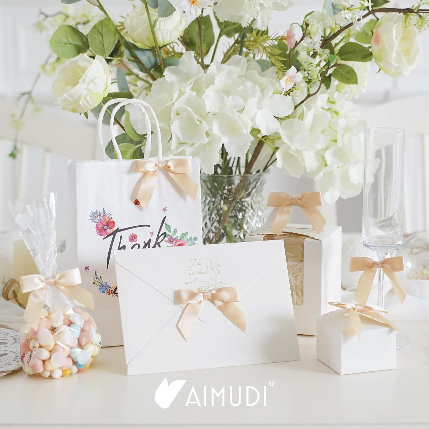 AIMUDI Small Champagne Christmas Bows 2.5" Premade Satin Ribbon Twist Tie Bows for Treat Bags Mini Bows for Christams Tree Ornaments Ribbon for Cake Pops Bows for Wedding Decor Gift Wrap- 50 Counts