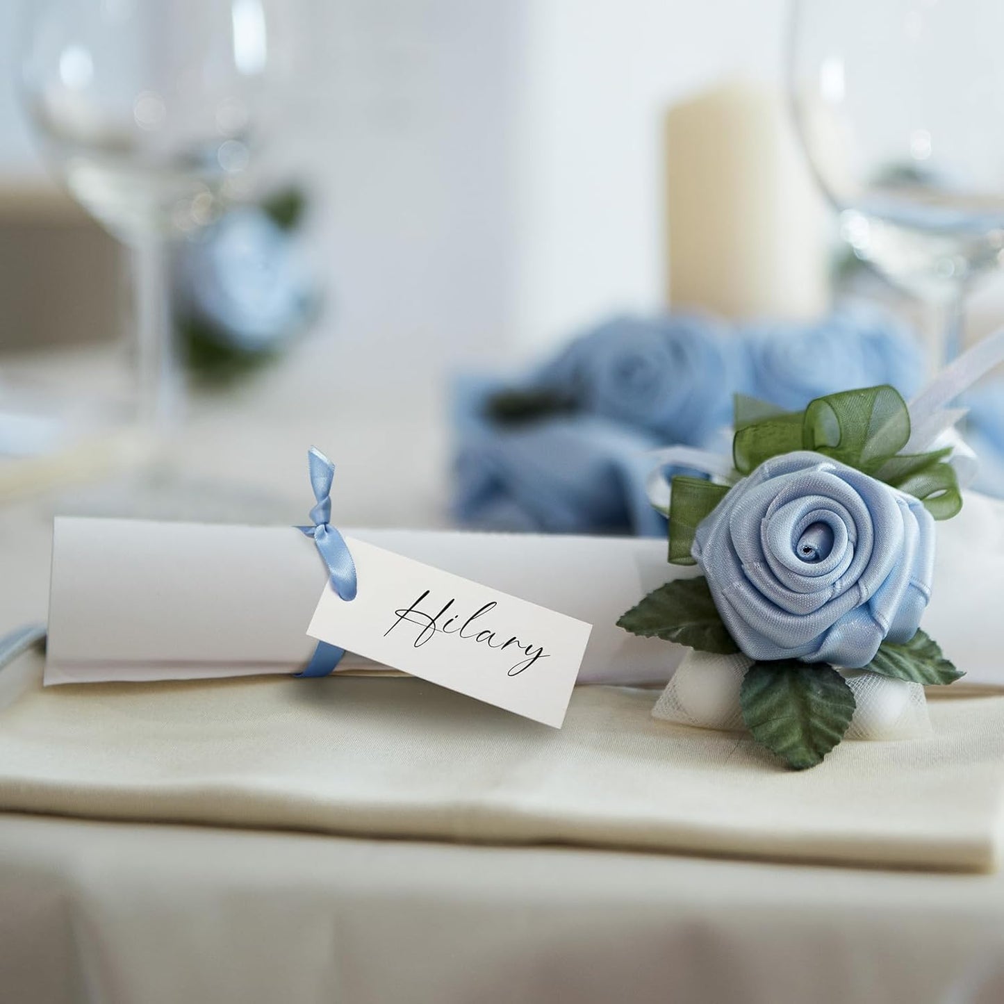 50 Pcs Name Place Cards for Table Setting Blank Wedding Place Cards with Satin Ribbon 1.57 x 3.54 Inch Hanging Gift Tags for Wedding Dinner Banquet Party Table Setting Supplies(Blue)
