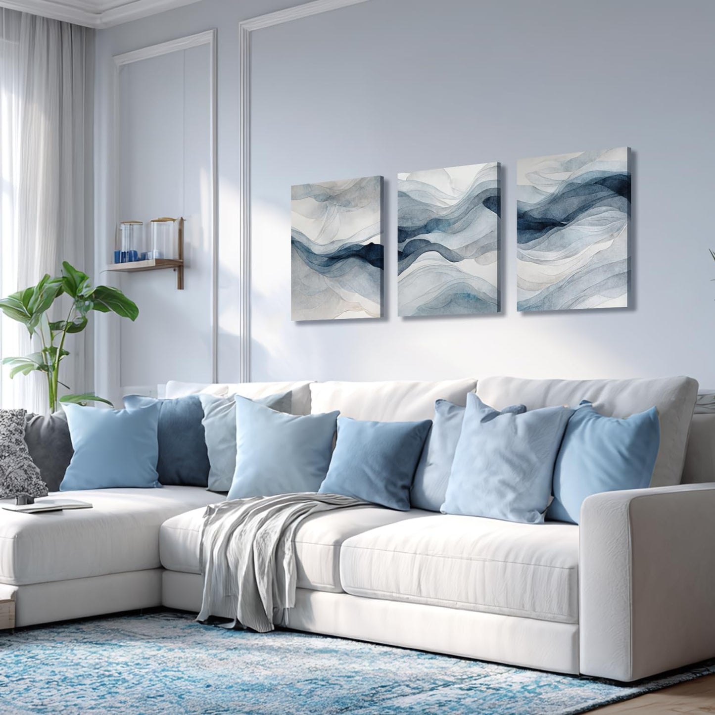 IAFWZX Framed Blue Gray Abstract Wall Art, Modern Minimalist Waves Wall Decor, Neutral Watercolor Line Canvas Paintings, Navy Blue Watercolor Poster Prints for Bedroom Living Room Office 12"x16"x3