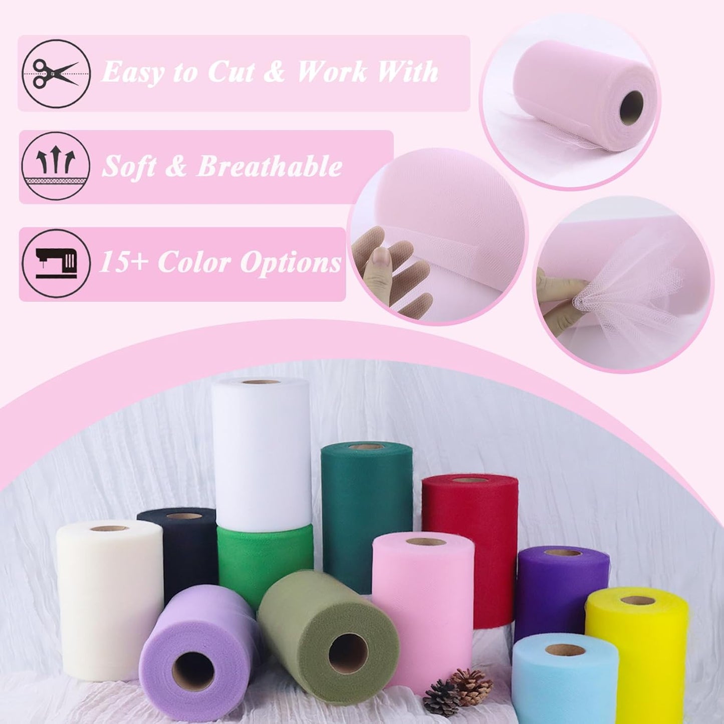 Soft Pink Tulle Fabric Roll 6" by 100 Yards (300 ft) Soft Tulle Spool for DIY Crafting Favor Supplies, Tutus, Wedding, Party Decorations, Gift Wrapping