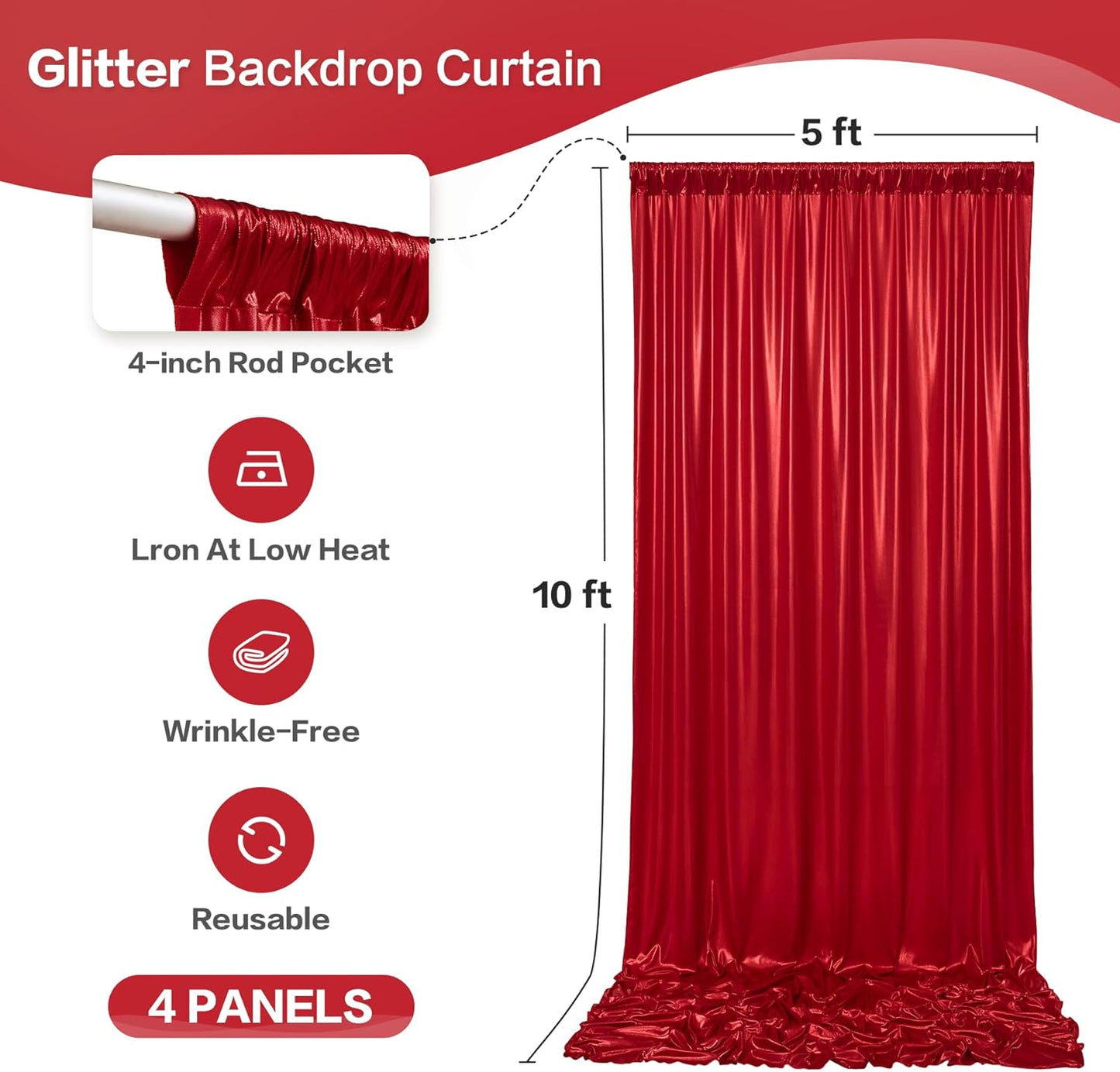 gogoparti 20x10FT Red Sequin Backdrop Curtain - 4 Panels of 5x10FT Wrinkle-Free Glitter Drapes for Photography, Birthdays, Weddings & Graduations