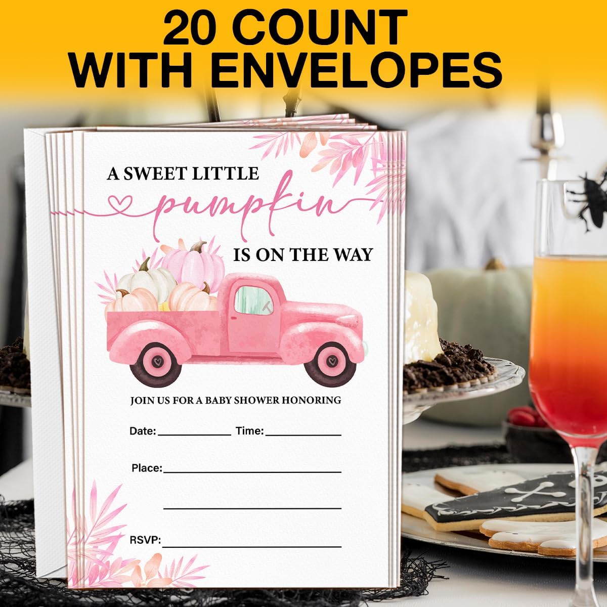 Pumpkin Baby Shower Party Invitations, Fall Pink Pumpkins Truck Baby Shower Party Fill in Invites Cards With Envelopes (20 Count), Double Sided Design