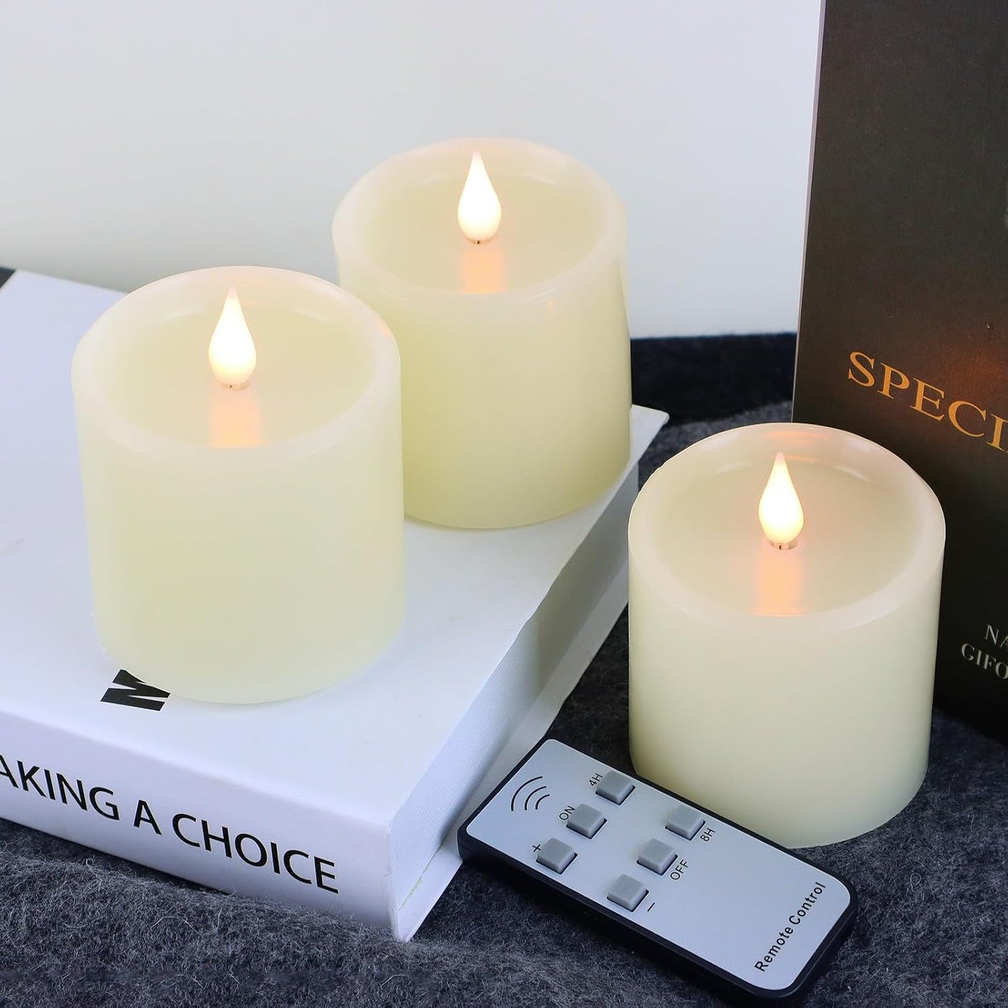 Flameless Candles Battery Operated with Remote Timer, 3D Moving Flame Flickering, Last 600+ Hours Battery Candles, Set of 3 Ivory Real Wax Electric LED Candle, 3" x 3"
