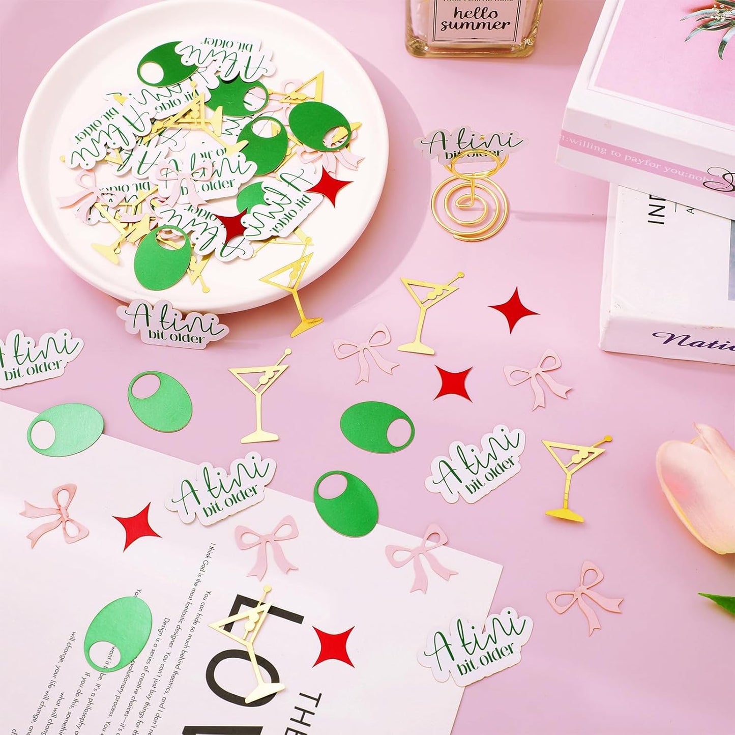 250Pcs A Tini Bit Older Party Decoration Martini Olive Bow Table Confetti 5 Designs Paper Scatter Sprinkle Confetti for Birthday Bach Party Cocktail Decor