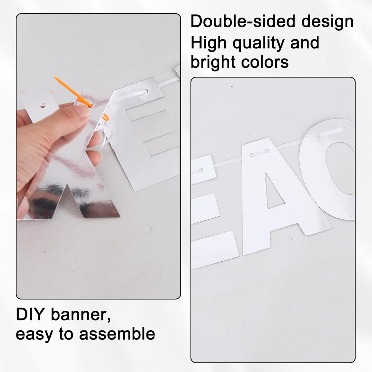 BEISHIDA Double-sided Silver 116 PCS DIY Letter Banner Kit Make Your Own Banner,Including 111 Letters and Numbers 3 Rope and 9 Threading Device,Customized for Birthday Graduation Wedding Decor