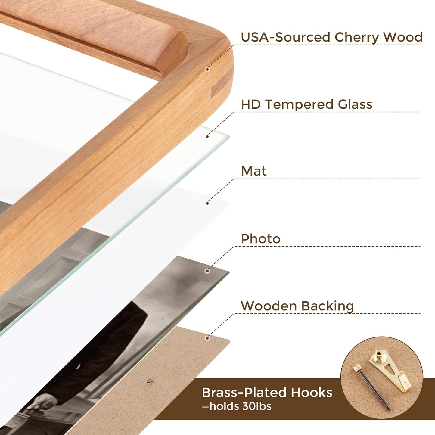 16x16 Picture Frame USA-Sourced Natural Cherry Wood Solid Original Wood Photo Frame Rounded Corner with Mat to 12x12 Picture Display with Real Glass Family, Wedding Picture, Photo, Certificate