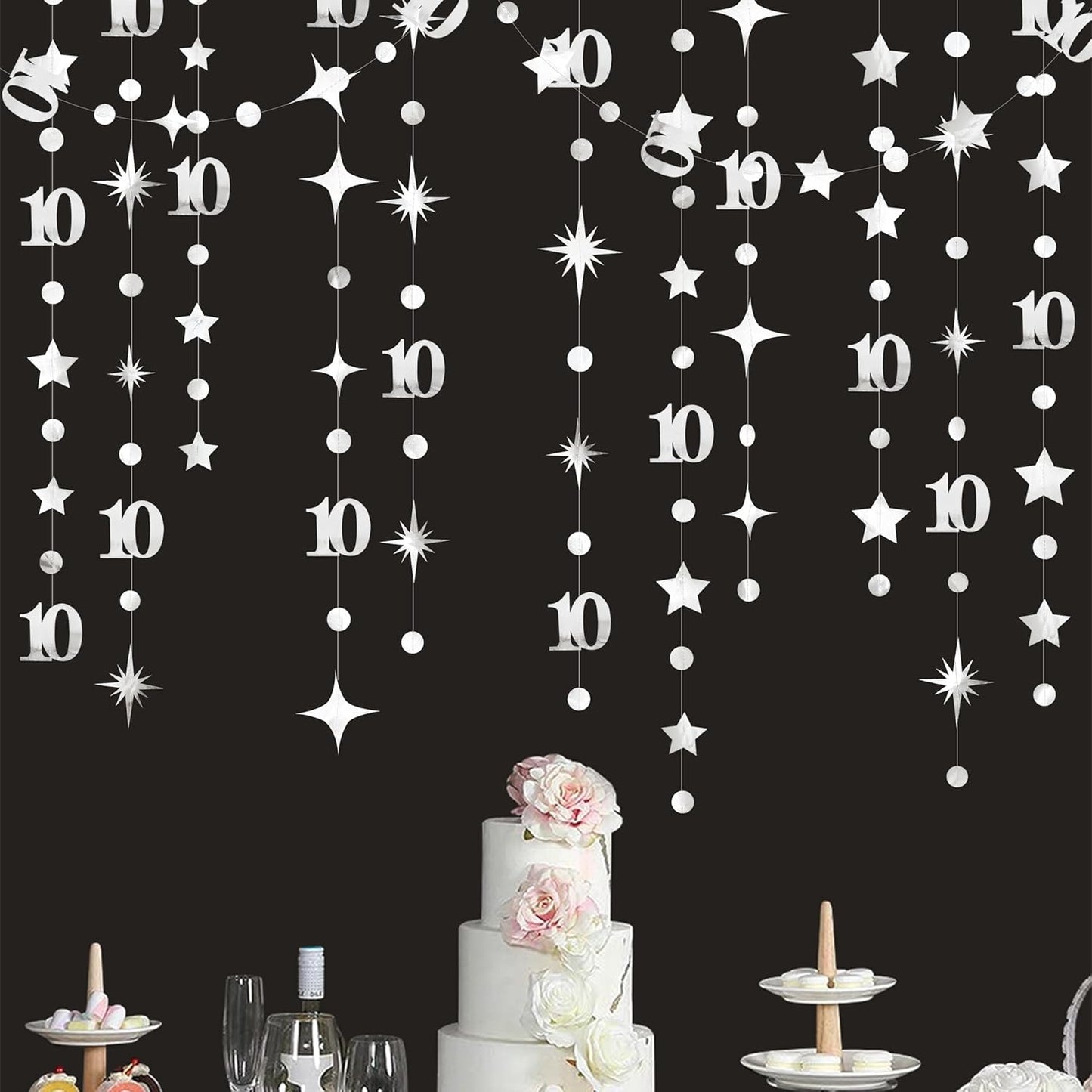 Silver 10th Birthday Decorations Number 10 Circle Dot Twinkle Star Garland Metallic Hanging Streamer Banner Backdrop for Girls Boys Double Digits Ten Year Old Birthday 10th Anniversary Party Supplies