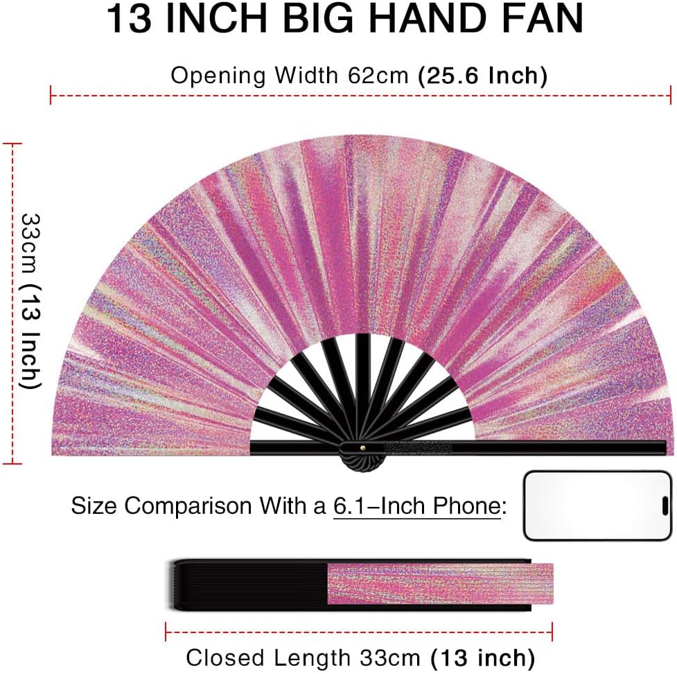 13" Large Folding Rave Fan with Holster, Clack Hand Fans Foldable for Line Dancing, Boots On The Ground Fan for Women Men Festival EDM Party Decoration, Lridescent Pink 2 Pack
