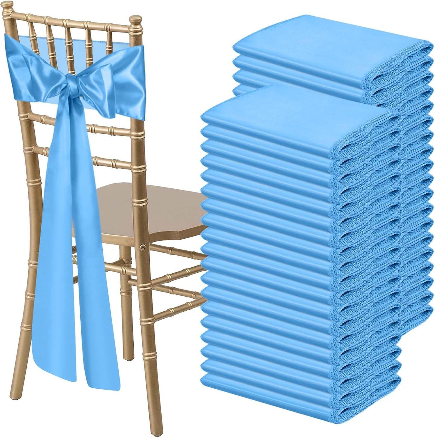 Satin Chair Sashes Bows Universal Chair Ribbon Ties Back Sash for Wedding Party Reception Events Banquets Hotel Event Chair Cover Decoration (7x108 inch) (100, Baby Blue)