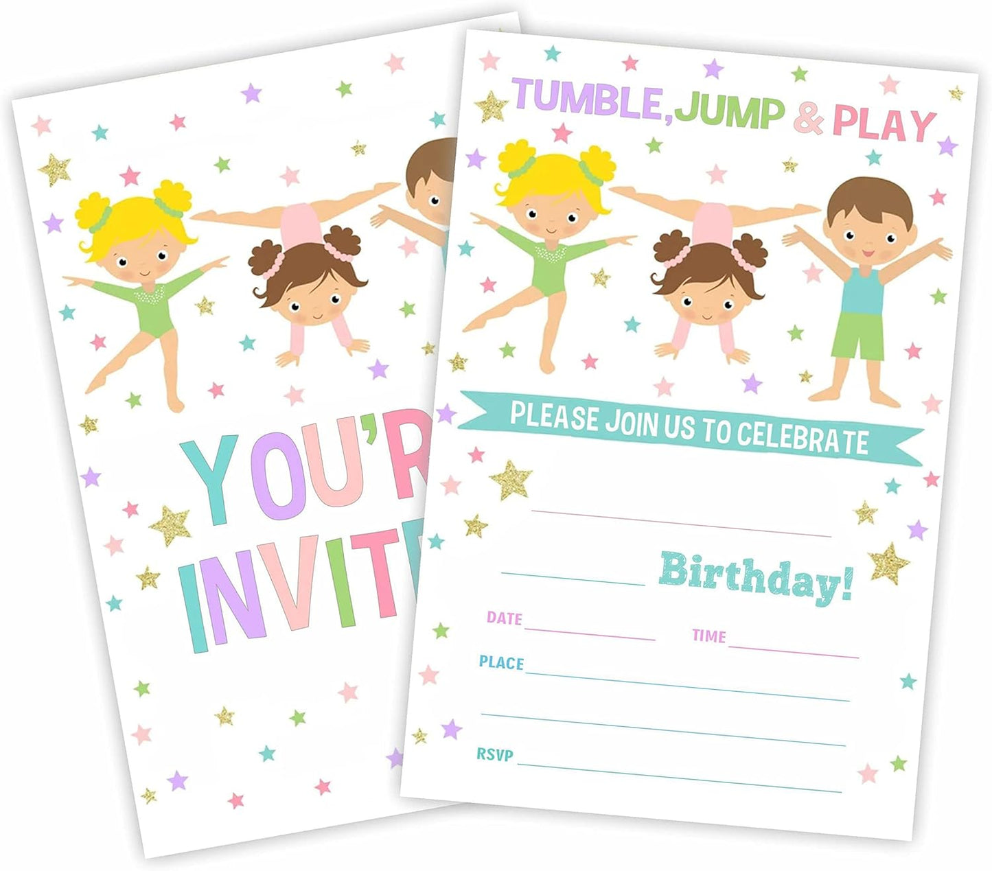 Gymnastics Birthday Party Invitation, Tumble Jump & Play Invite Cards（20 Count) With Envelopes, Fill In Style Invite Cards For Boys, Girls, Kids, Birthday Party Supplies-A46