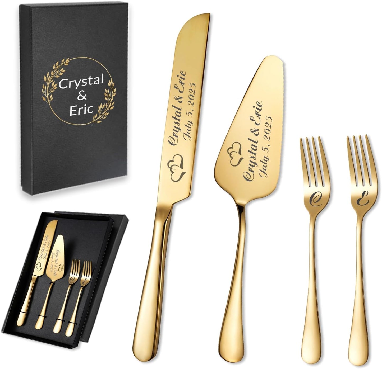 Personalized Wedding Cake Knife and Server Set, Custom Names Cake Cutting Set with Stainless Steel Forks, Customized Bridal Anniversary Birthday Wedding Registry Gifts (Gold)