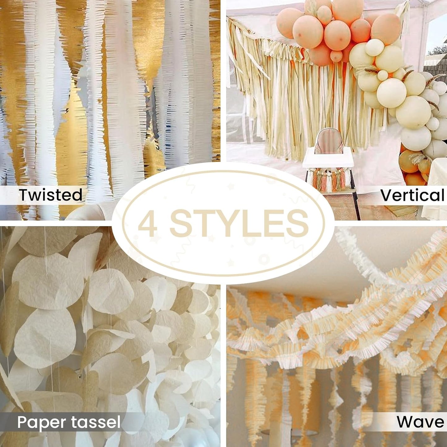 PartyWoo White Crepe Paper Streamers 4pcs 328ft Pack of Sand White Crepe Paper Streamers for Birthday Wedding Baby Shower Engagement Bachelorette Anniversary Graduation Retirement Party Decorations
